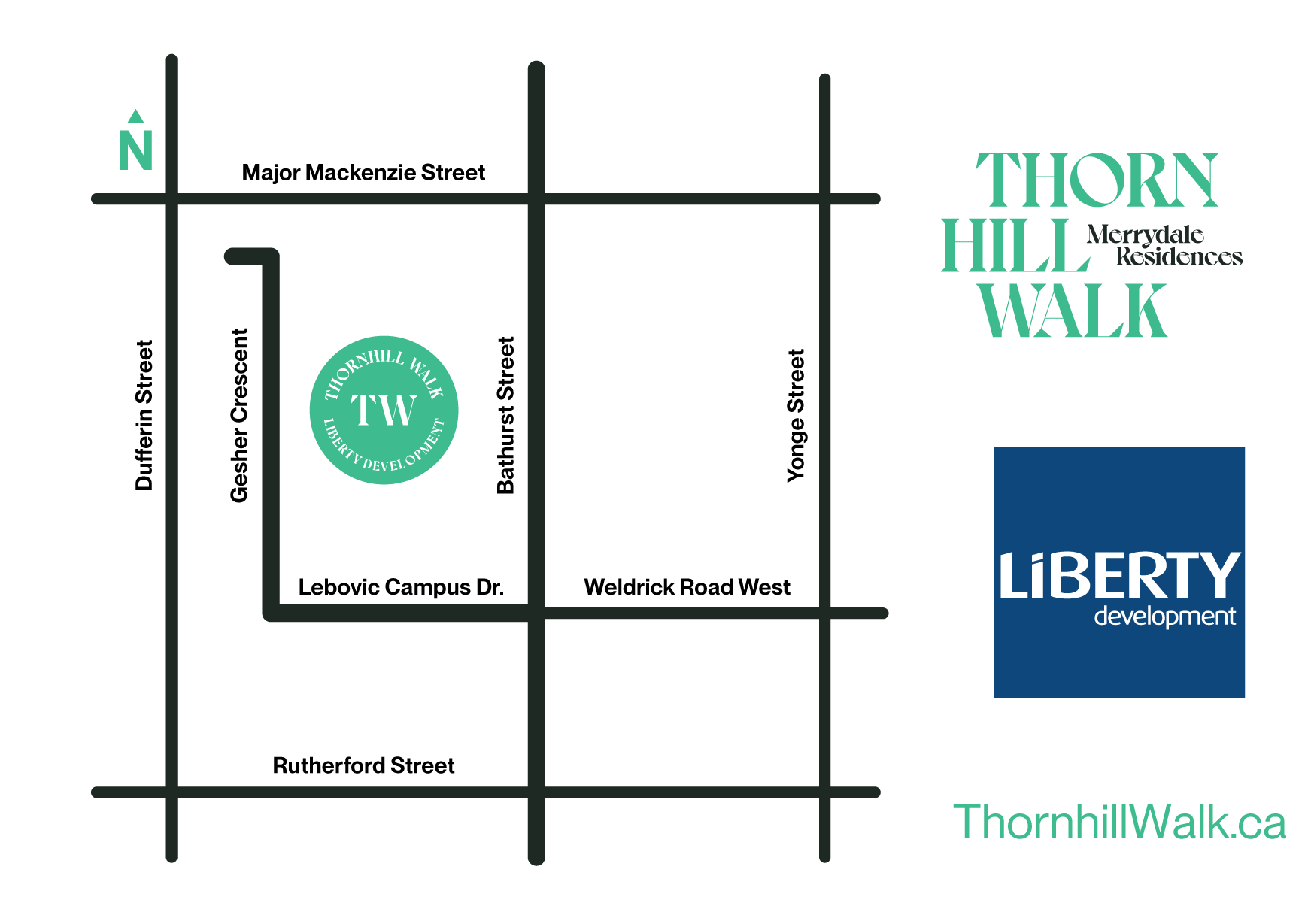 Map showing Thornhill Walk at Bathurst Street and Lebovic Campus Drive between Rutherford Street and Major Mackenzie Street