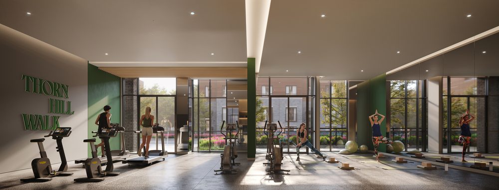 Rendering of the Merrydale Residences fitness centre with floor-to-ceiling glass