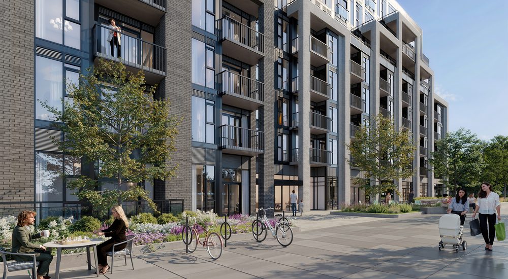 Rendering of the landscaped gallery walkway at the base of Merrydale Residences