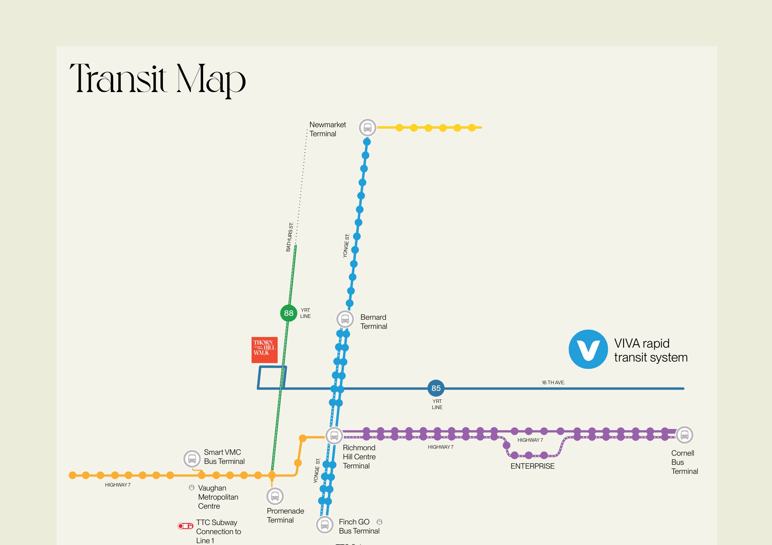 Thornhill Walk transit map showing VIVA, YRT routes 85 and 88, GO and TTC subway connections